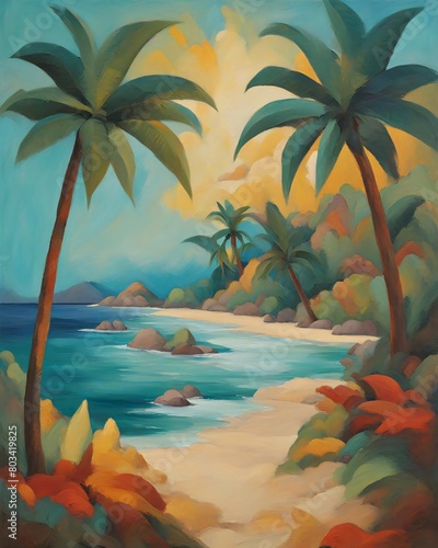 Vibrant oil painting of a serene tropical beach scene  with lush palm trees  sky painted with warm hues of yellow and orange  suggesting either sunrise or sunset  Generative AI.