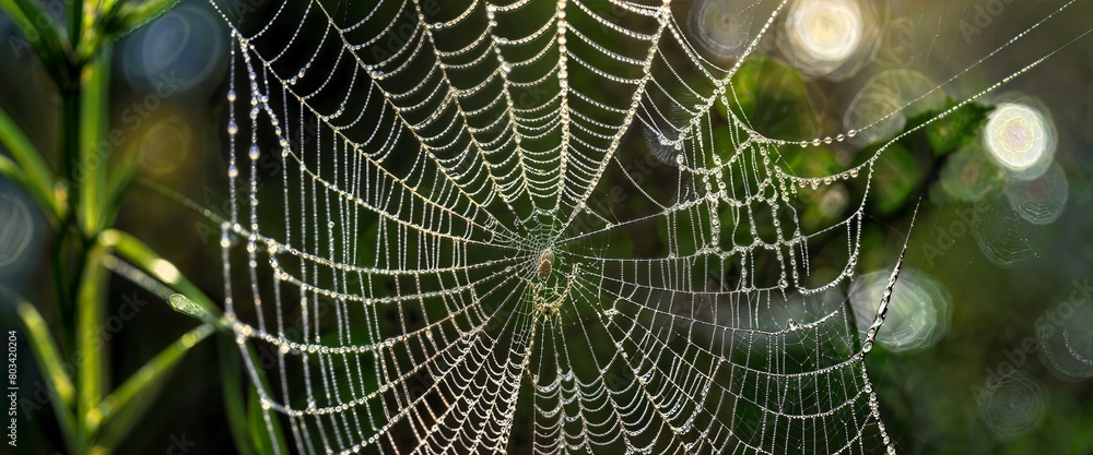 AI generated illustration of a dew-covered spider web on grass