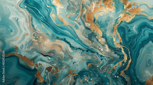 Abstract swirling patterns in turquoise and gold creating a luxurious fluid art texture.