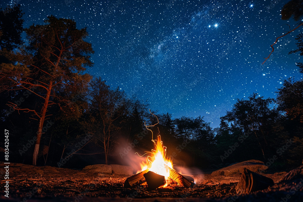 A campfire flickers under a starry night sky A campfire flickers under a starry night sky