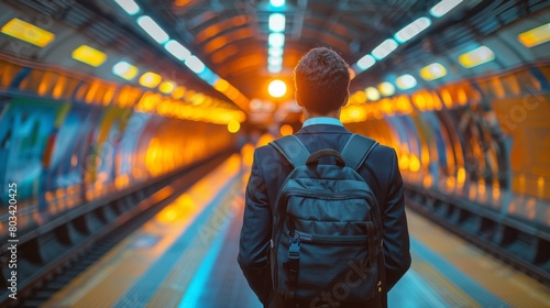 A man with a backpack standing in front of an empty train, AI photo