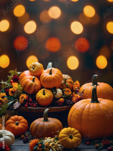 Bountiful Thanksgiving tableau, colorful display of pumpkins, fruits, vegetables, and floral arrangements set against a luminous backdrop.