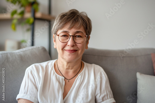 Portrait of a cheerful senior woman with short gray hair wearing glasses and a white blouse, sitting comfortably on a sofa with a warm, welcoming smile