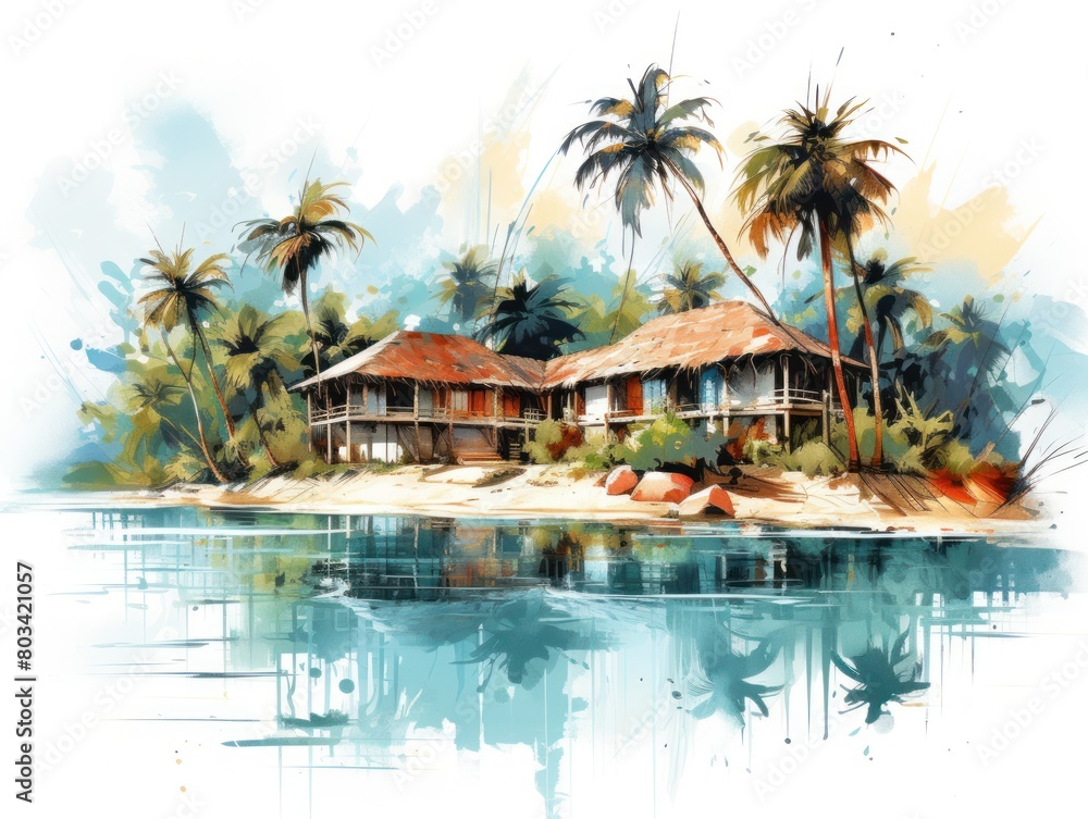 A painting of a beach house surrounded by palm trees and a body of water.