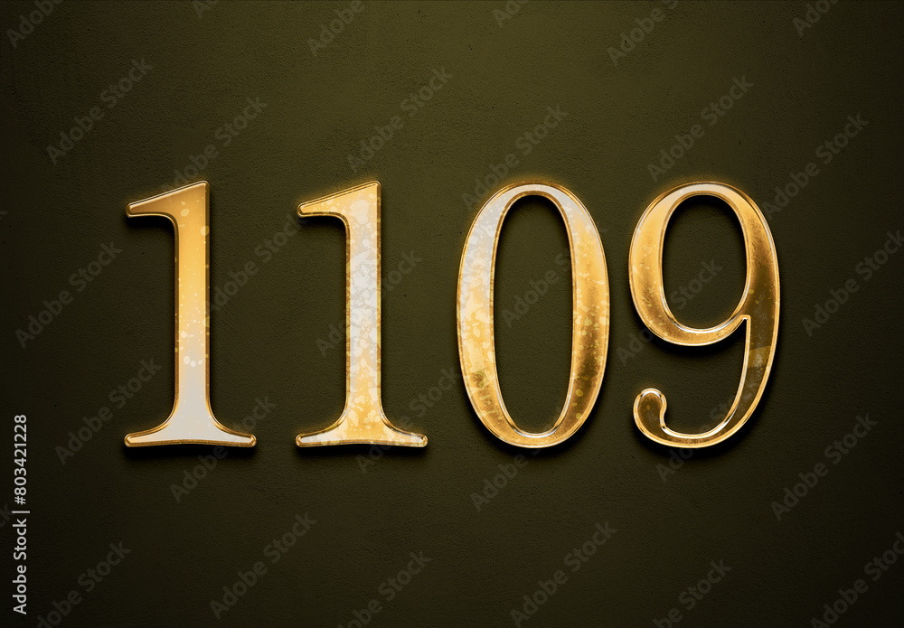 Old gold effect of 1109 number with 3D glossy style Mockup. Old gold effect of 1109 number with 3D glossy style Mockup.