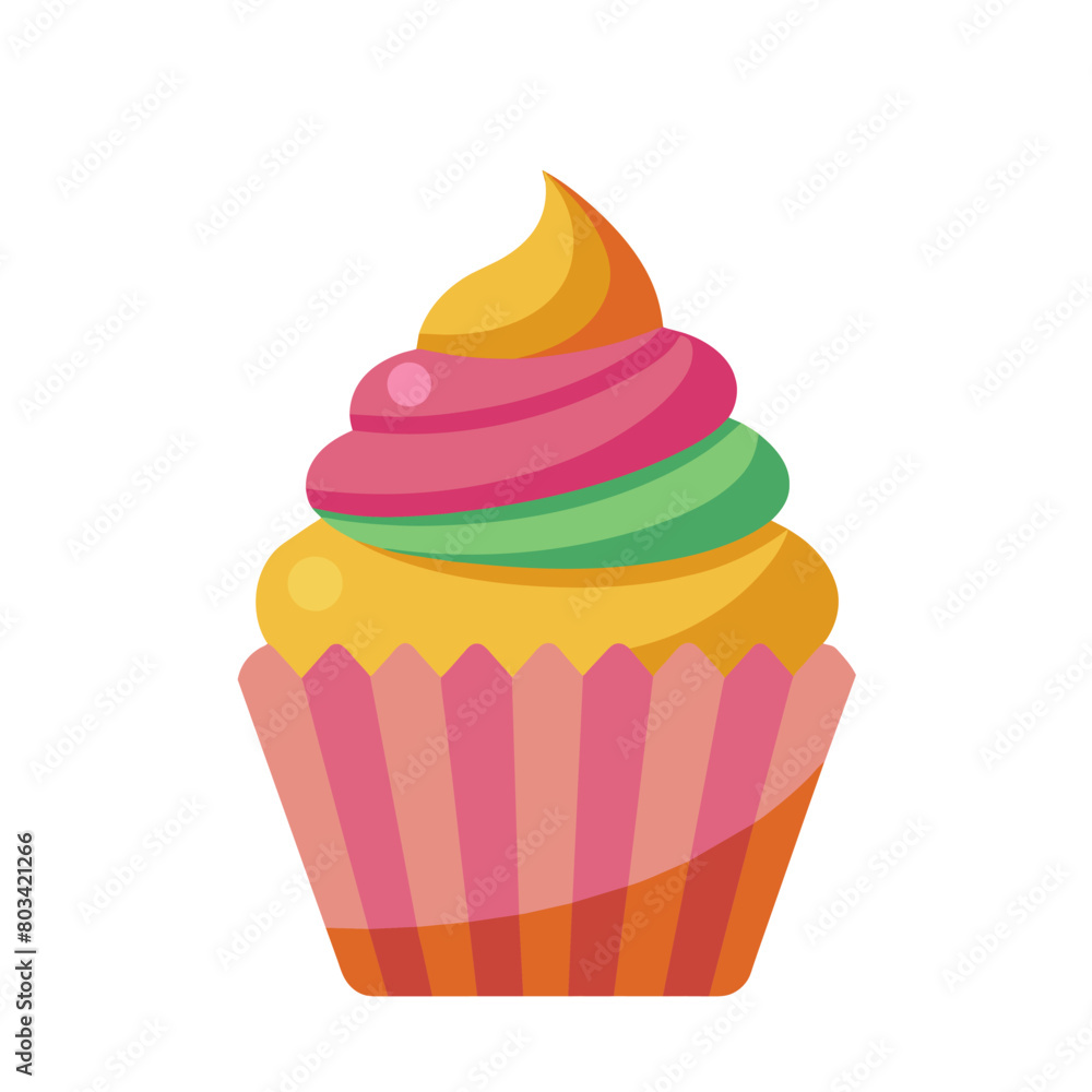 Delicious colorful cupcake with raspberry and cream on top flat simply style Delicious colorful cupcake with raspberry and cream on top flat simply style