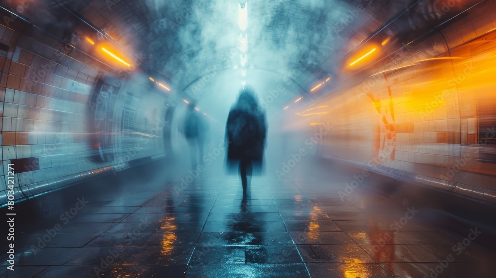 A person walking through a tunnel with fog and light, AI