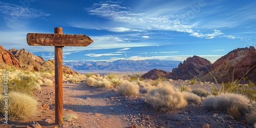 A scenic desert landscape with a wooden trail sign, lush vegetation, and mountainous backdrop.