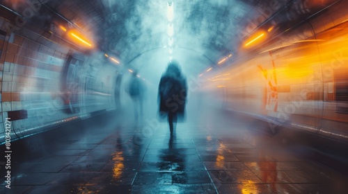 A person walking through a tunnel with fog and light, AI © starush