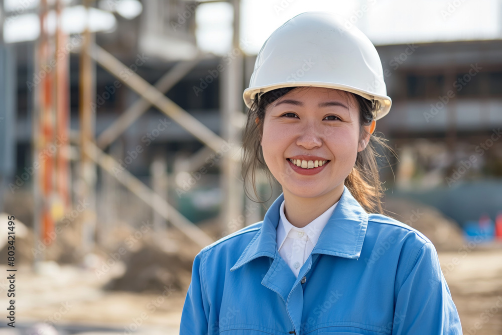 Cheerful young asian engineer wearing a white hard hat and blue work clothes stands confidently at a construction site with scaffolding structures in the background Cheerful young asian engineer wearing a white hard hat and blue work clothes stands confidently at a construction site with scaffolding structures in the background