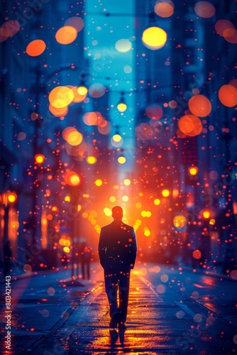 A man walking down a street in the city at night, AI