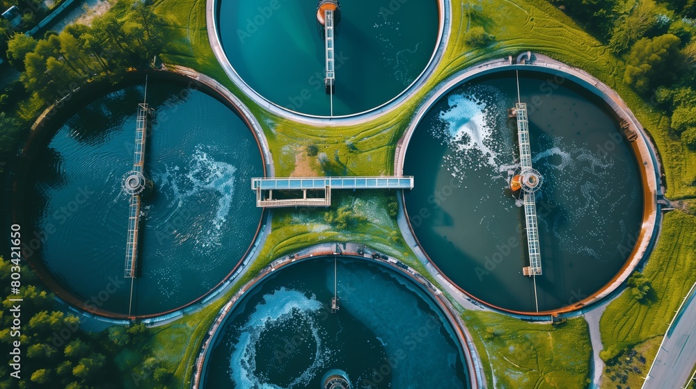 Aerial view of a water purification plant with circular tanks in a lush green setting. Aerial view of a water purification plant with circular tanks in a lush green setting.