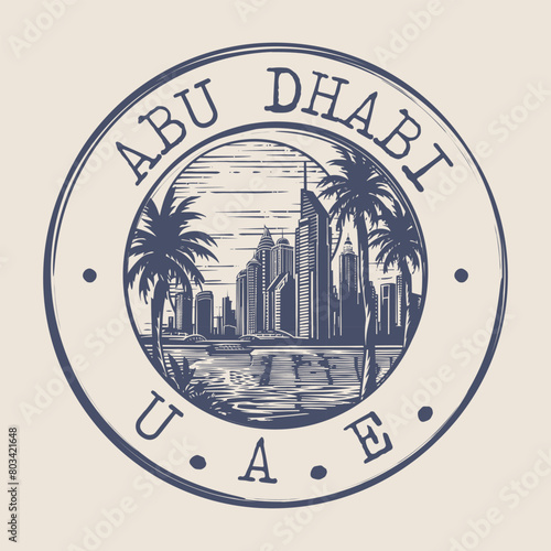 Abu Dhabi, United Arab Emirates Stamp City Postmark. Silhouette Postal Passport. Round Vector Icon. Vintage Postage Design.	
