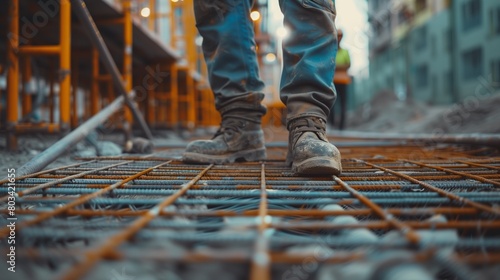 Close-up of a worker's muddy boots standing on steel reinforcement bars at a construction site. photo
