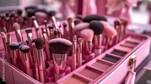 A collection of makeup brushes of various sizes and shapes neatly stored in a pink box. photo