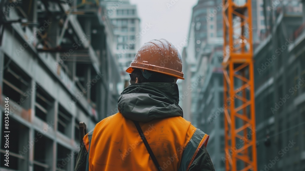 A construction worker in an orange helmet and high-vis jacket looks at a building site.
