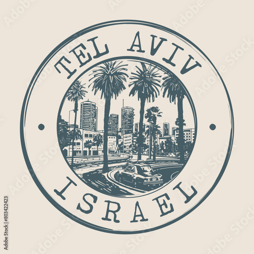 Tel Aviv, Israel Stamp City Postmark. Silhouette Postal Passport. Round Vector Icon. Vintage Postage Design.	
