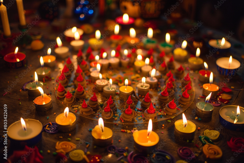 A brightly lit birthday cake surrounded by a circle of candles. A brightly lit birthday cake surrounded by a circle of candles.