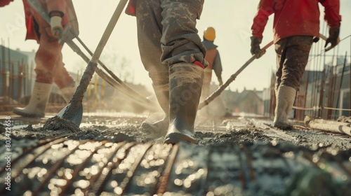 Construction workers leveling concrete with trowels at a building site, under a bright sun. photo