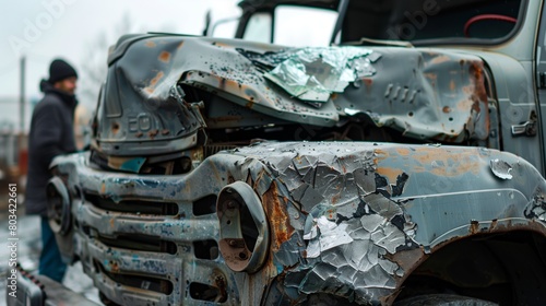 A man stands near a severely damaged and rusted truck with peeling paint in a salvage yard.