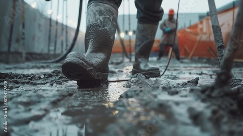 Close-up of worker's muddy boots on a construction site with another worker in the background. photo
