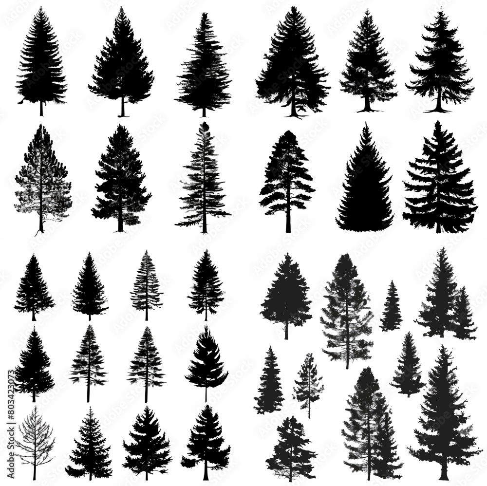 Obraz premium black tree silhouette set pure badge eco outline recreation breath emblem label protection graphic pine trunk woodland