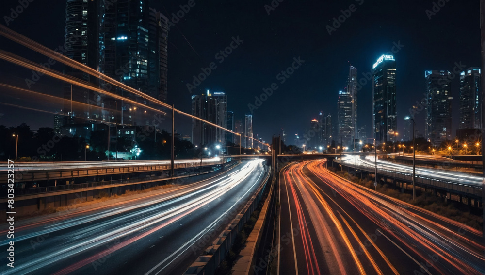 Capturing the pulse of the city, a mesmerizing long exposure shot of a bustling highway illuminated against the night sky