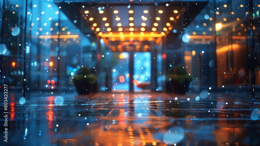 A view of a lit up building with rain drops on the glass, AI