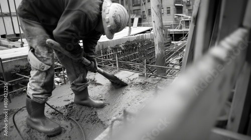 Construction worker in protective gear smoothing concrete on a construction site, black and white photo. photo