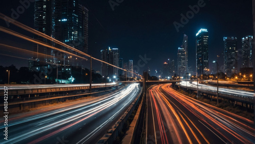 Capturing the pulse of the city  a mesmerizing long exposure shot of a bustling highway illuminated against the night sky