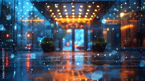 A view of a lit up building with rain drops on the glass  AI