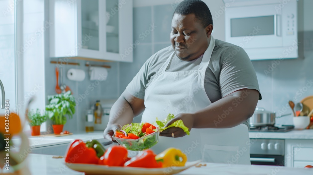 A focused Black man preparing a fresh vegetable salad in a modern kitchen setting. A focused Black man preparing a fresh vegetable salad in a modern kitchen setting.