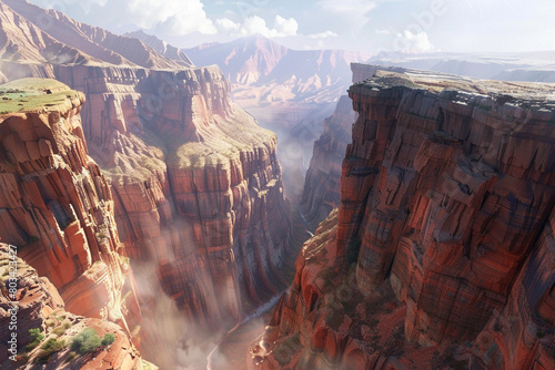 A breathtaking view of a canyon bathed in warm sunlight.