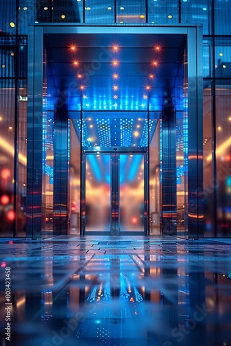 A glass door with blue lights on it in a building, AI