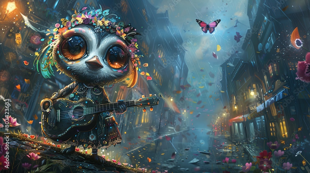 A colorful owl is holding a guitar and standing on a street A colorful owl is holding a guitar and standing on a street