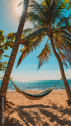Hammock hanging between two palm trees on a beach. Generative AI.