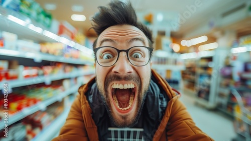 Excited man with glasses making a surprised face in a grocery store aisle, wide-angle view. photo