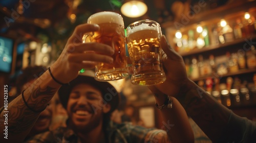 Close-up of frothy beers being cheerfully toasted by tattooed hands inside a lively bar photo