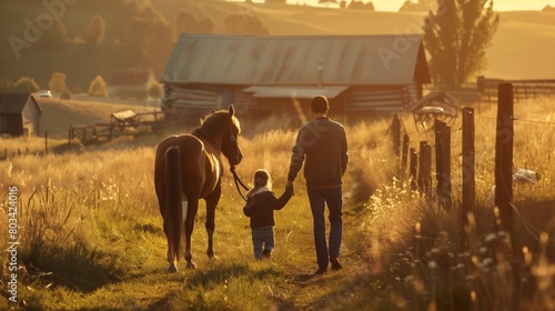 Golden sunset over a rustic farm scene with a man, child, and horse walking together. photo