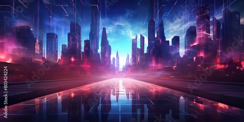 Synthwave retrowave cyberpunk city town cityscape landscape background decoration. Future towb high buildings scene view photo