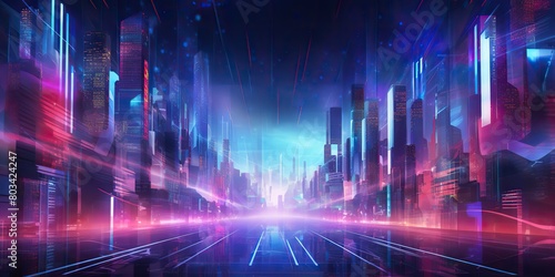 Synthwave retrowave cyberpunk city town cityscape landscape background decoration. Future towb high buildings scene view