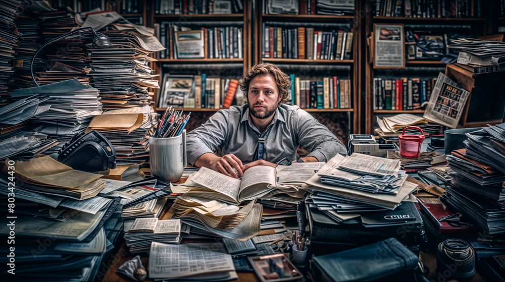A man sits at a desk with a pile of books and papers in front of him. He is working on something important, as evidenced by the large stack of papers on his desk. Concept of productivity and focus
