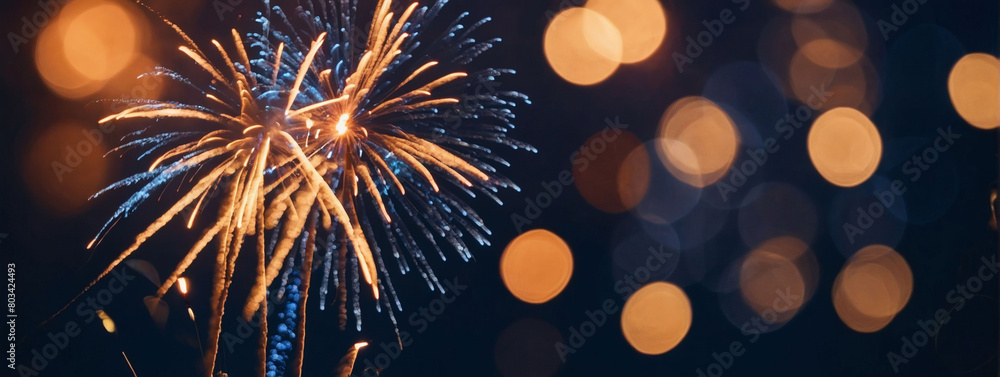 Copper and indigo Fireworks and bokeh in New Year's eve, perfect for adding your text