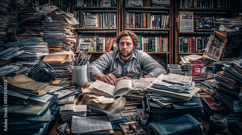 Obraz na płótnie A man sits at a desk with a pile of books and papers in front of him. He is working on something important, as evidenced by the large stack of papers on his desk. Concept of productivity and focus w salonie