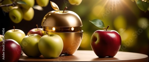 Robot apple shape betwen fruit in kitchen, AI generated photo