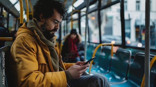 A young man in a yellow jacket using his smartphone on a city bus  with a woman in the background.