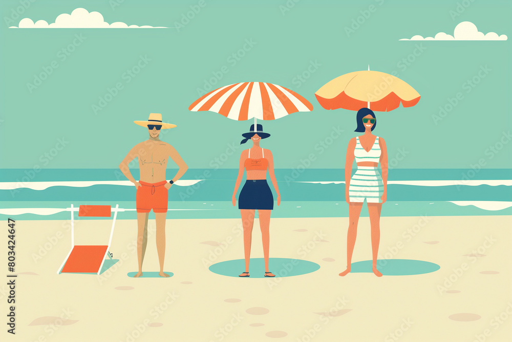 a flat design vector image of three people on a sunny beach day