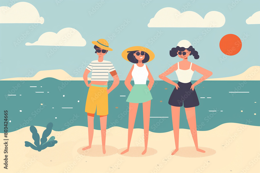 a flat design vector image of three people on a sunny beach day