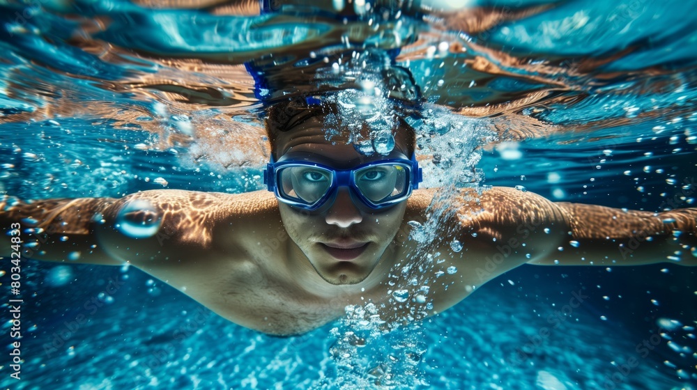 Underwater close-up view of a young man in goggles swimming toward the camera.