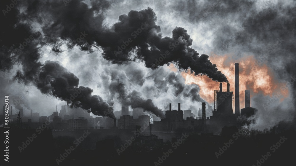 Air pollution from the chimneys of a power plant. The concept of environmental pollution. Air pollution from the chimneys of a power plant. The concept of environmental pollution.